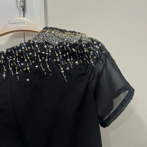 NWT Mac Duggal Black Sequined Embellished Shoulder Evening Gown Size 14 $498